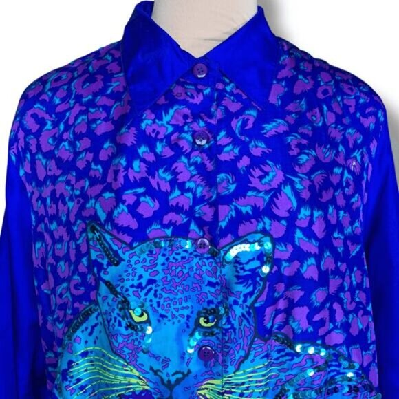 Vintage Diane Gilman Silk Leopard Animal Print Sequin Sheer Blouse Electric Blue - Picture 2 of 10